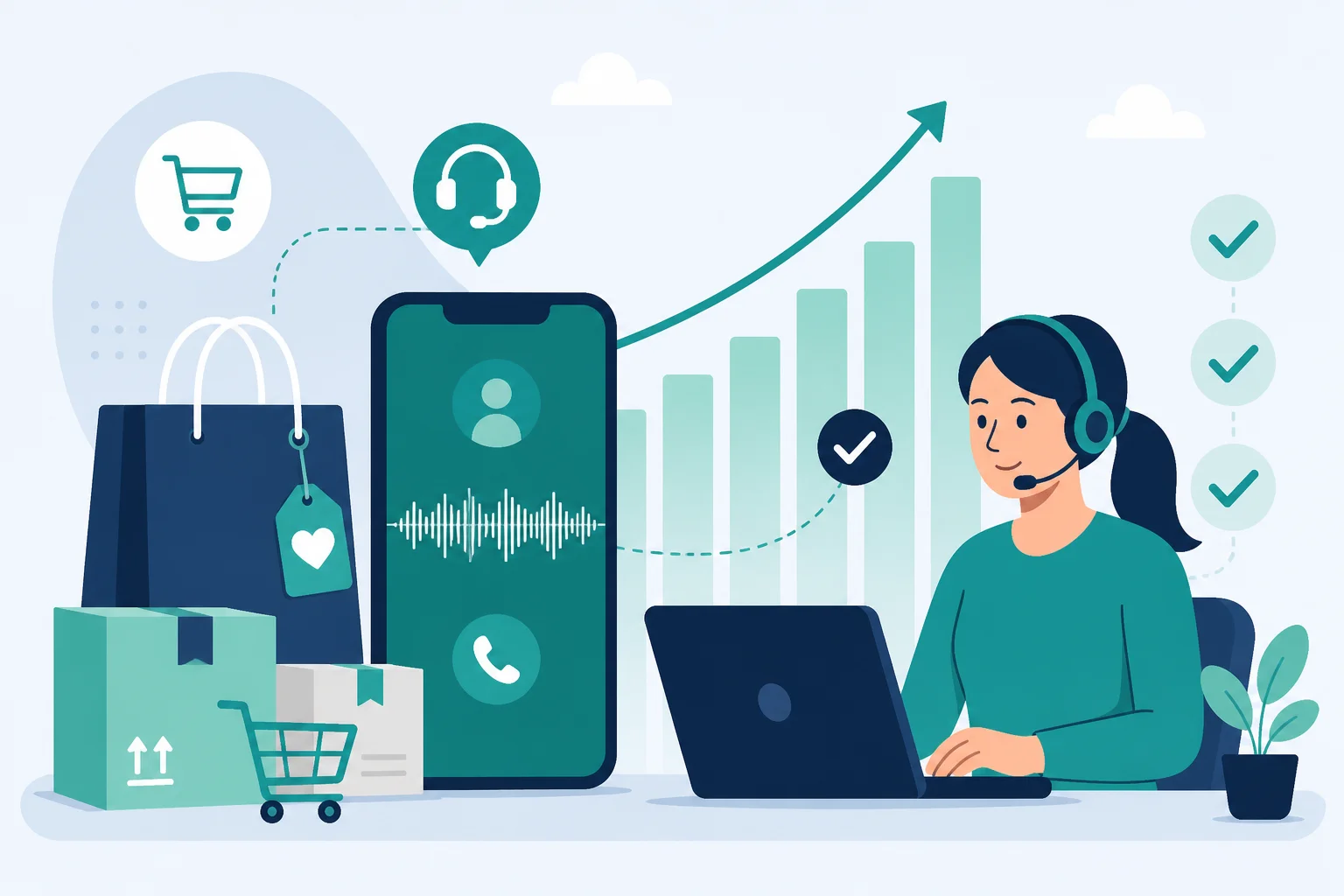 Illustration of e-commerce peak season phone support handled with voice AI