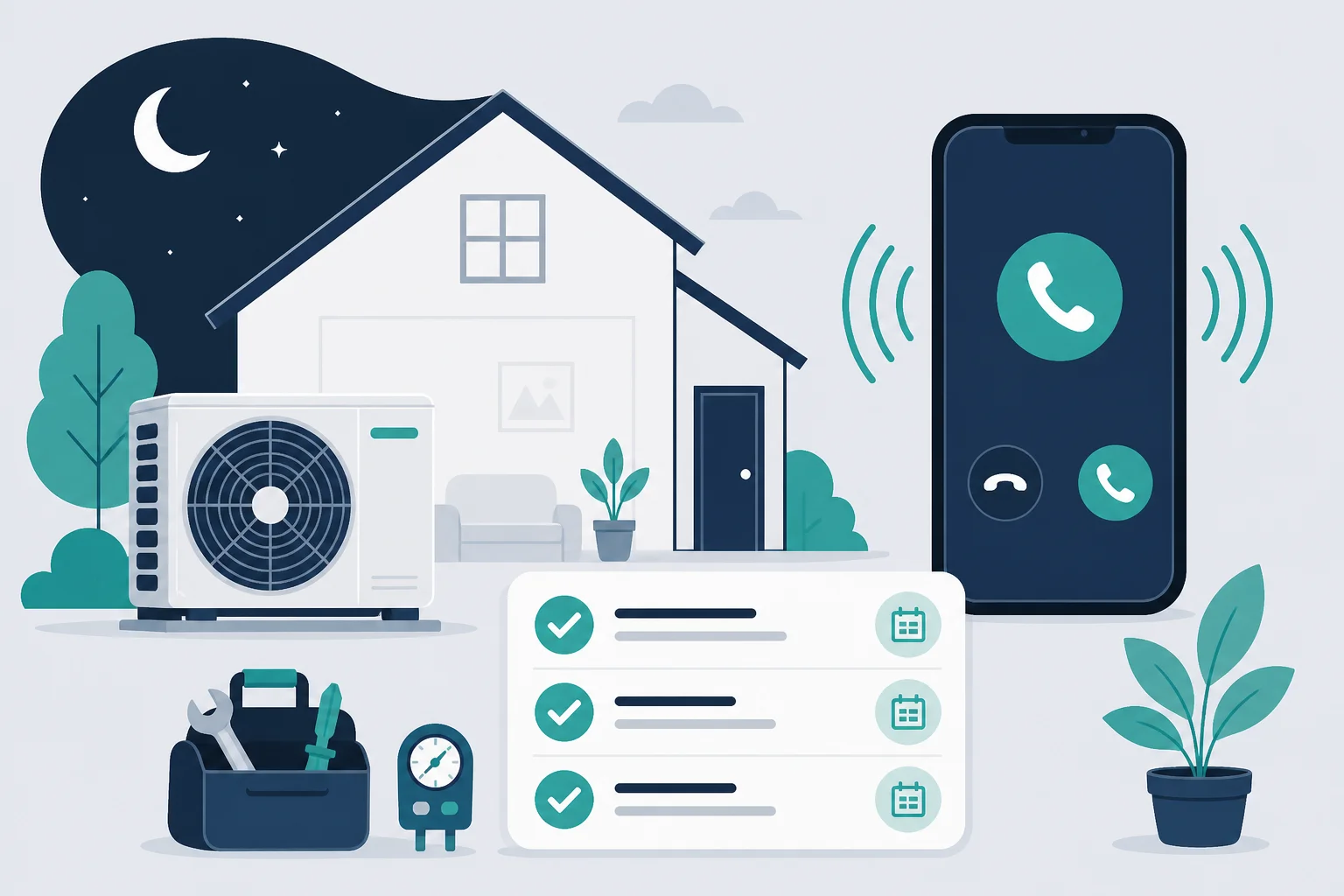 Illustration of after-hours HVAC and home service call booking with AI