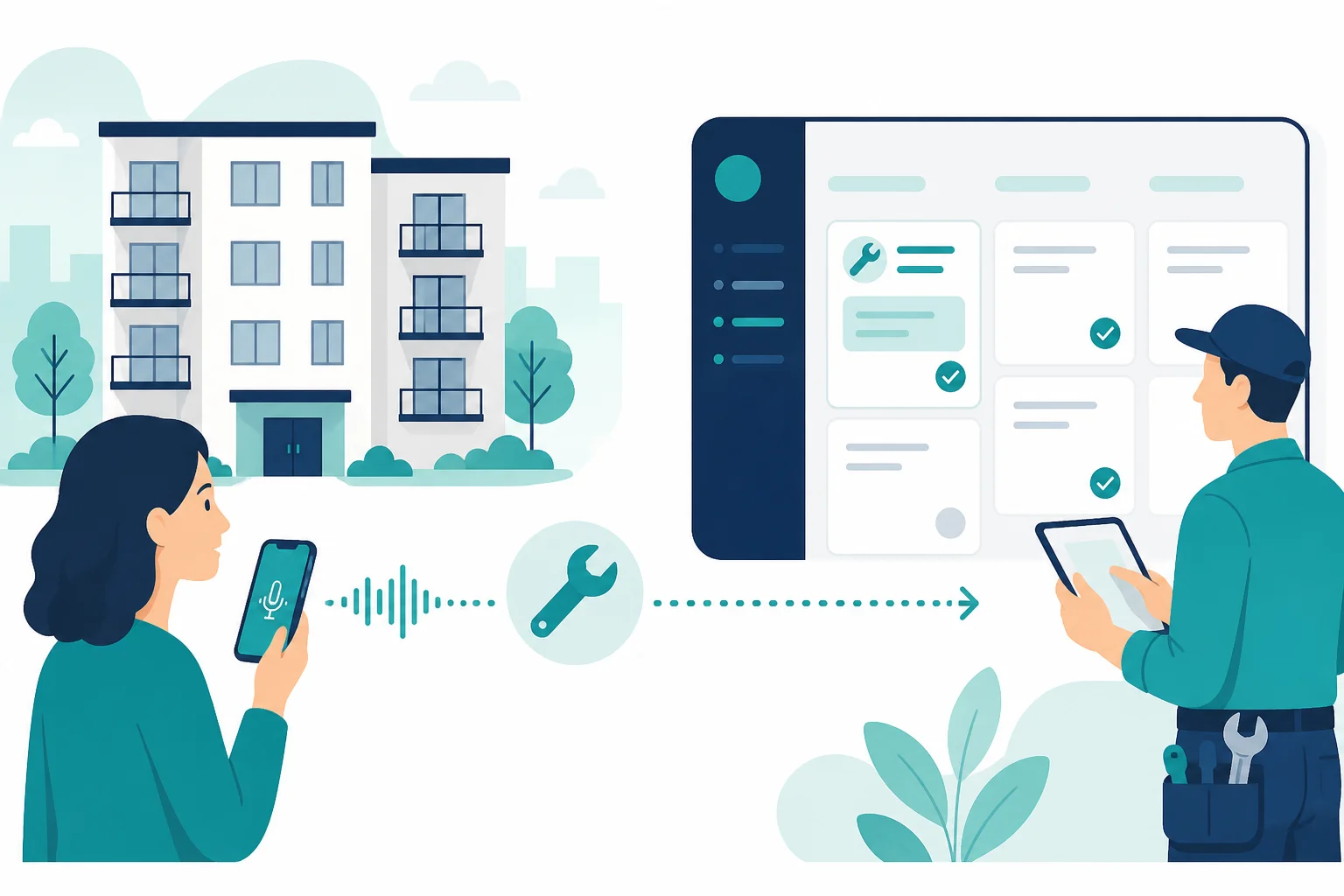 Illustration of property management maintenance calls handled by AI voice